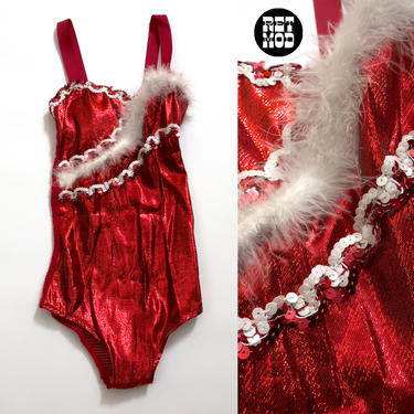 JUNIOR SIZE - Vintage Red &amp; White Metallic Bodysuit Leotard Costume Outfit with Feather 