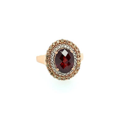Vintage Stunning 10k Rose Gold Oval Faceted Garnet Diamond Cluster Ring Sz 8.5 