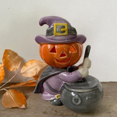 Vintage JOL Witch Ceramic Votive Holder, Halloween Decor, Ceramic Jack O Lantern Witch With Cauldron, Tea Light, Josef Originals 