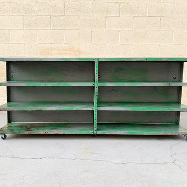Antique Industrial Storage Rack With Green Patina on Casters, Free U.S. Shipping
