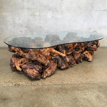 Mid Century Modern Burl Wood Coffee Table with Kidney Shaped Glass