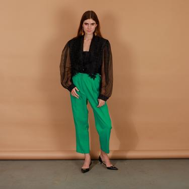 80s Bright Green Petite Pants Vintage Cropped Trousers 