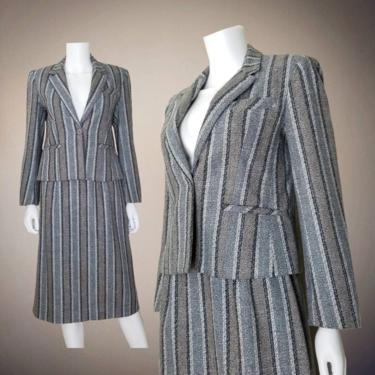 Vintage Gray Skirt Suit, Extra Small Petite / Gray Striped Suit / 1980s Three Tone Gray Wool Blend Suit / Pencil Skirt and Short Jacket 