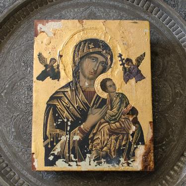 Antique Original Icon Hand Painted Gold Leaf Icon - Annunciation Madonna The Virgin Mary Infant Jesus Italian Wall Hanging Art 