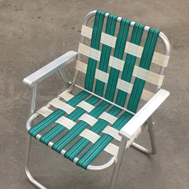 Vintage Lawn Chair Retro 1960s Mid Century Modern + Silver Aluminum Frame + Green + White Webbing + Metal Armrests + Outdoor Seating + Patio 