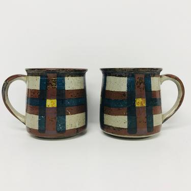 Vintage Mugs/ Otagiri/ Pottery/ Stoneware/ Soeckled/ Plaid/ Blue/ Yellow/ Brown/ Made in Japan/ FREE SHIPPING 