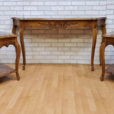 Vintage French Country Inlaid End Tables with Matching Cherry Wood Sofa/Console Table by Thomasville Furniture Co - 3 Piece Set