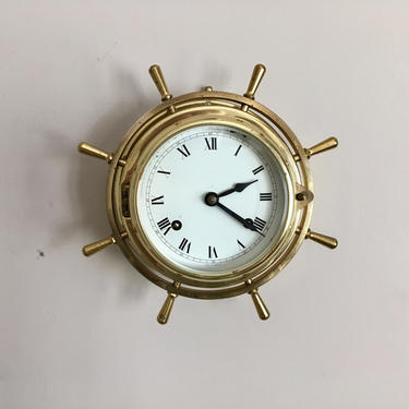 Vintage Hermle Ships Bell Clock, Brass Ships Wheel Case, Serviced 8-Day Movement 