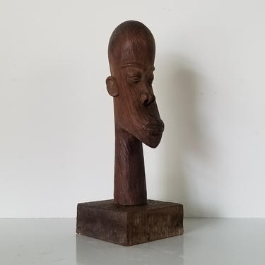 Vintage Hand Carved Wood African Male Bust Sculpture . 