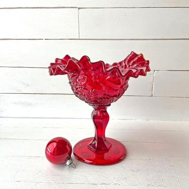 Vintage Ruby Red Amberina, Embossed Leaf Pattern  Ruffle Edge Footed Pedestal Dish // Christmas Centerpiece, Candy Dish // Perfect Gift 