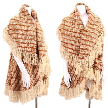 70s brown woven wool fringe blanket coat / vintage 1970s draped wool vest / wool poncho cape art to wear One size 