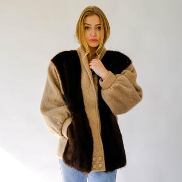 Vintage 80s Tan Mohair Relaxed Drop Shoulder Jacket w/ Mink Fur & Hidden Pockets | Genuine Fur | 100% Mohair Wool | 1980s Boxy Fit Jacket 