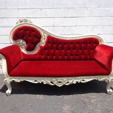 Antique Chasie Lounge Sofa Settee Red Velvet Chair Loveseat Baroque Rococo French Provincial Daybed France Lounge Bedroom Hollywood Regency 