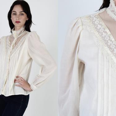 Vintage 70s Gunne Sax Blouse Country Prairie Festival Ivory Sheer Floral Lace Top 