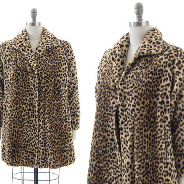 Vintage 1950s Swing Coat | 50s Leopard Print Faux Fur Animal Print Winter Jacket (small/medium) 