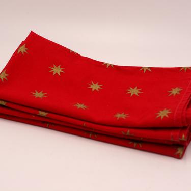 vintage red christmas napkins with gold stars/set of four/100% cotton 