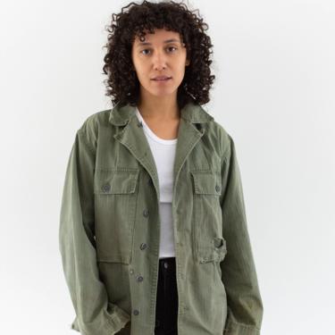 Vintage Olive Green Herringbone Twill Army Jacket | Metal Buttons | Unisex 40s HBT Painter Cotton Button Up | S M | 