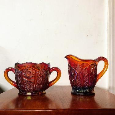 Vintage Indiana Glass Heirloom Sunset Carnival Glass Sugar and Creamer 