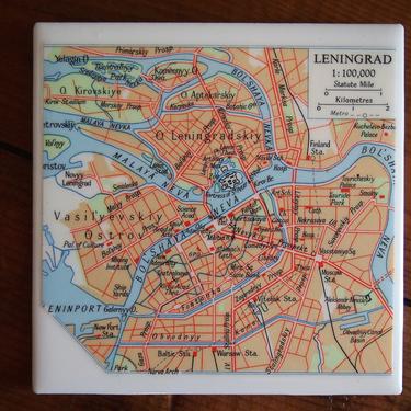1971 Leningrad Saint Petersburg Russia Vintage Map Coaster - Ceramic Tile - Repurposed 1970s Times Atlas - Handmade - Russian History 
