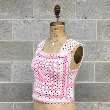 Vintage Crochet Top Retro 1970s Handmade + Granny Squares + Pink and White + Tank Top + Sweater Vest + Womens Apparel 