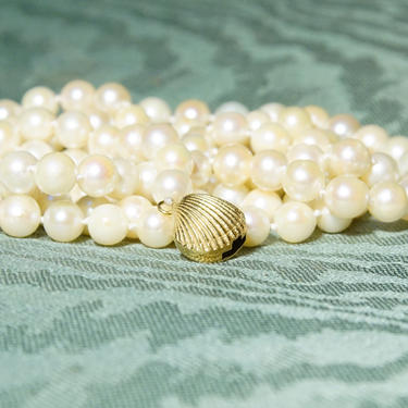 Vintage 18K Gold Natural Pearl Necklace, Gorgeous Pearl Strand Necklace With 18K Gold Seashell Slide Clasp, Pearl Wrap Necklace, 36&amp;quot; L 
