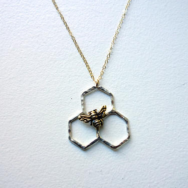 Sterling Silver Honeycomb Three Cell Comb Pendant with Gold Plated Bee by Rachel Pfeffer 
