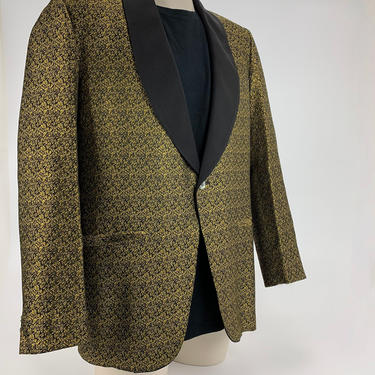 1940'S-50's TUXEDO JACKET - Shawl Collar - TOWNCRAFT Clothes - Iridescent Gold Brocade Deco Print - Cool Lining - Men's Size 40-42 Regular 
