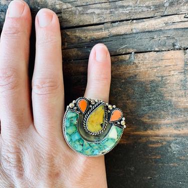 Vintage Silver Ring with Turquoise and Coral Stones | Southwestern Ring | Native American Ring | Tibetan | Nepalese | Small Teal Orange 