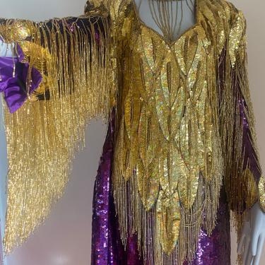 MET GALA GOWN heavily embellished glass bead gold sequin gown purple glass beaded gala gown museum wearable art gold fringe bead sleeves xl 