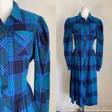 Vintage 1970s-80s Wool Plaid Dress / M 
