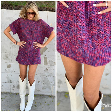 Crochet knit  Mini Dress purple pink Tunic S M 