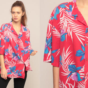 Tropical Shirt Hawaiian Shirt 80s Floral Blouse SURFER Button Up Shirt Vintage Red Beach Sea Ocean Vacation Extra Large xl 