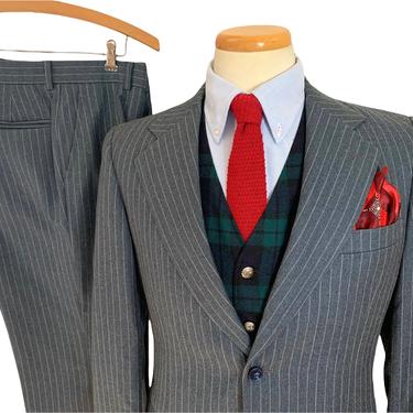 Vintage 1970s SEARS 100% Wool Flannel 2pc Suit ~ size 36 to 38 R ~ jacket / pants ~ Preppy / Ivy League / Trad ~ Chalk Stripe 