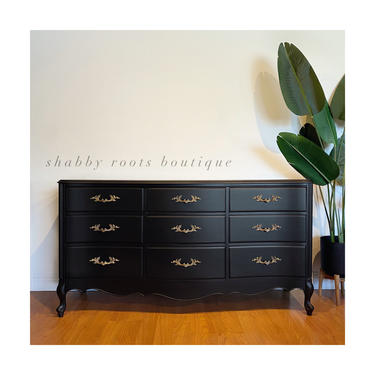 NEW! Matte Black French provincial vintage triple dresser antique chest of drawers with gold hardware with 9 drawers - San Francisco CA by Shab