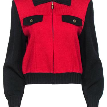 St. John - Red & Black Colorblocked Knit Zip-Up Jacket Sz P