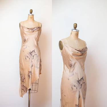1990s Victoria's Secret Silk Slip / 90s Beige Rose Print Slip Dress 