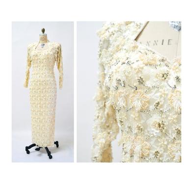 70s 80s Vintage Wedding Dress Cream Lace Long Sleeve Beads Pearls Sequins XS Small// 80s Cream Vintage Lace Wedding Dress Flower Sequins 