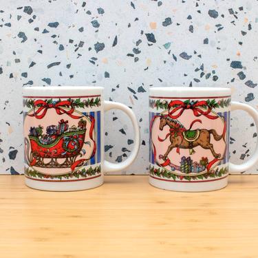 Vintage 1980s Christmas Mugs - Rocking Horse &amp; Santa Sleigh Holiday Ceramic Mugs - Set/2 