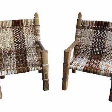 Pair of African Armchairs in Wood & Woven Hide, Ethiopia, 1950’s