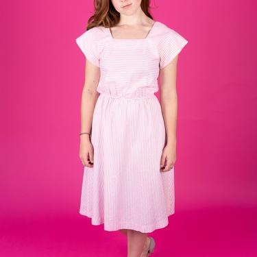 Vintage Pink and White Stripe Square Neck Lightweight Summer Dress with Elastic Waist 