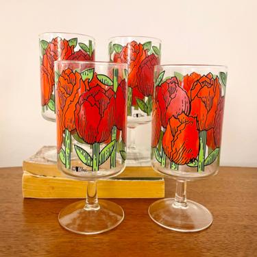 Set of 4- Vintage Cera Red and Orange Tulip Flower Patterned Footed Cocktail Glasses, MCM Barware 