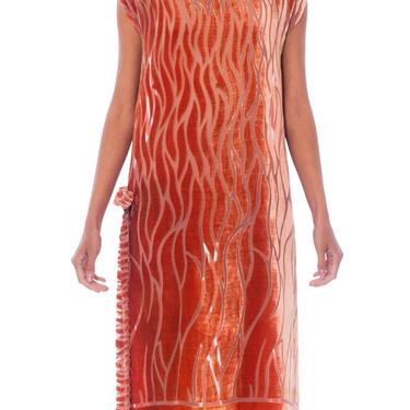 1920S Salmon Silk Burnout Velvet  Dress With Rhinestone Brooch & Side Slit 