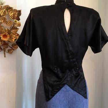Vintage 80s blouse, 1980s black blouse, Black satin top, architectural shirt, size medium, Tuxedo blouse 