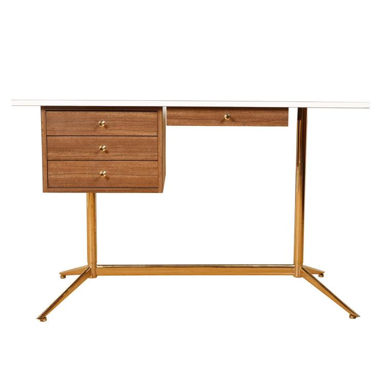 MCM Desk with White Laminate Top and Brass Legs