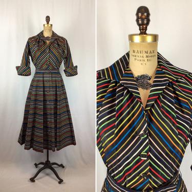 Vintage 50s dress | Vintage taffeta striped fit and flare dress | 1950s rainbow stripe shirtwaist dress 