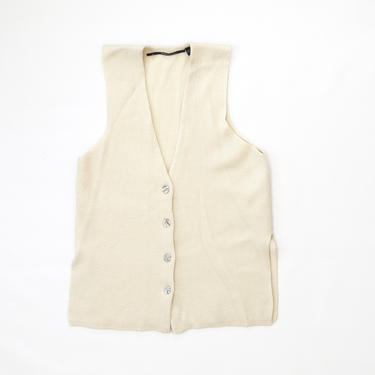 Caprea Vest — vintage wool knit vest / off-white long wool vest shell buttons / 1990s minimalist ecru vest / classic chunky ribbed wool vest by fieldery