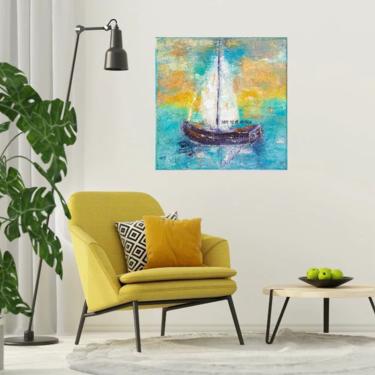 Seascape Coastal Sailboat Canvas Wall Art Print ~ Nautical Seascape ~ Ocean Sailboat Boathouse Art ~ Abstract Sailboat ~ Beach House Décor 