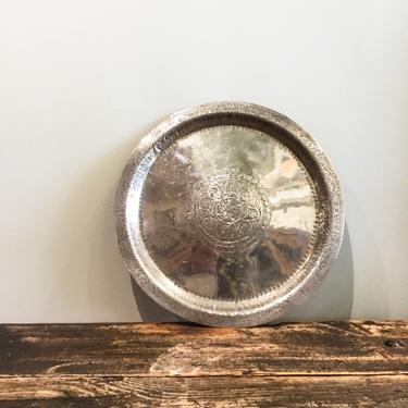 Vintage Silver Round Etched Tray | Serving Platter | Drinks Tray | Engraved | Candle Tray | Metal Serving Tray | Vintage Kitchen | Boho Tray 