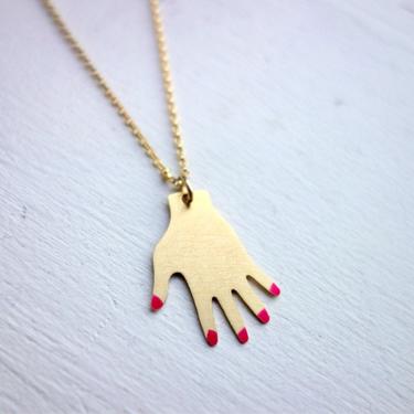 Manicured Hand Necklace - Gold Hand Necklace with Red Painted Nails on 18&amp;quot; Gold-Filled Chain 