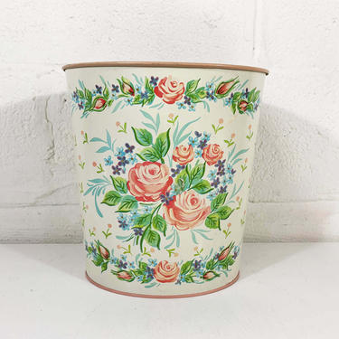 Vintage Rose Trash Can Metal Basket Waste 1950s 50s Tin Litho Cheinco MCM Paper Flowers Floral Made in USA Boho Indie Romantic Bohemian 